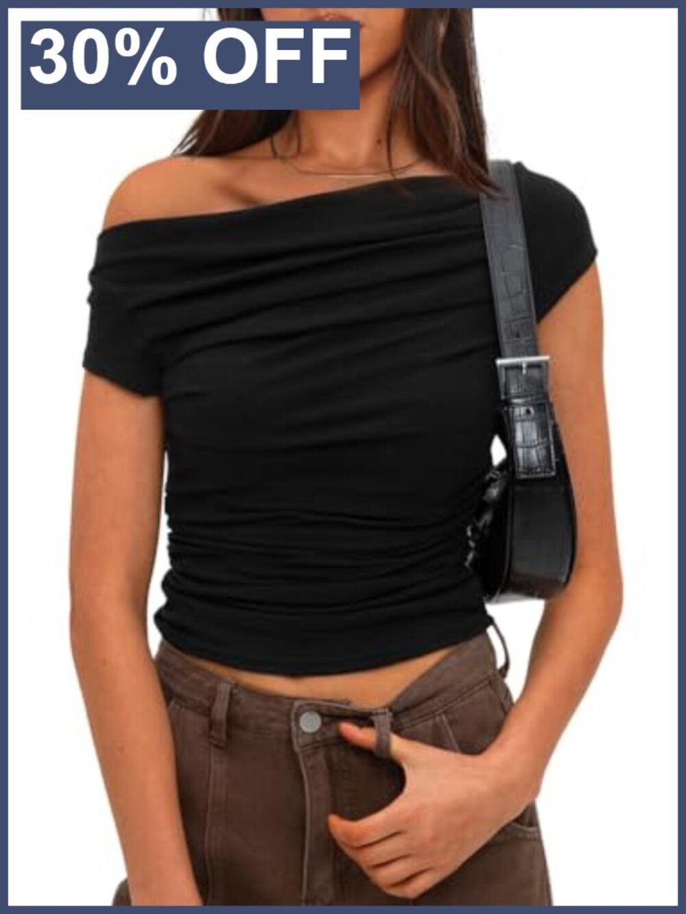 Women's Off Shoulder Ruched Boat Neck Crop Top Slim Fit Y2K Summer Tee